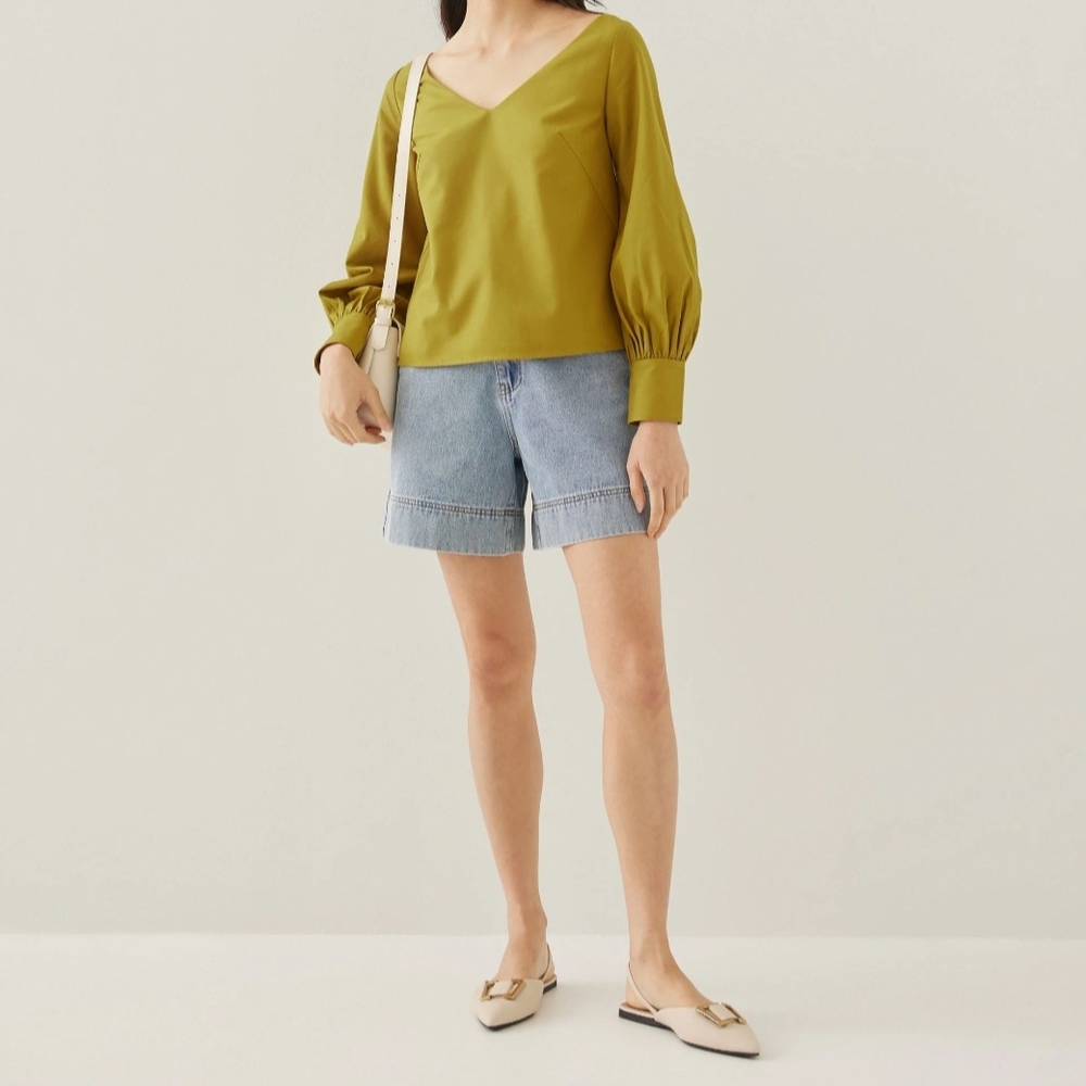 NWT LOVE BONITO DUSTY CITRON Jorea V-neck Puff Sleeve Blouse (Size:XS)